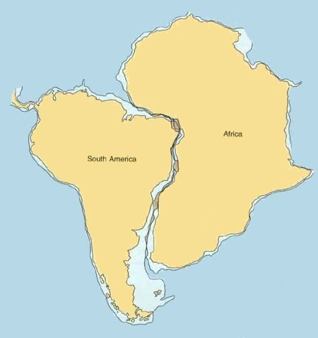 The fit of South America and Africa, including
the continental shelf at a depth of 500 metres.