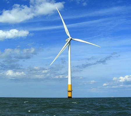 An offshore wind turbine in the Thames Estuary, England.